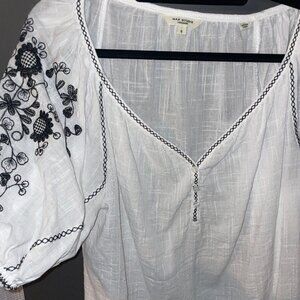 Max Studio White Blouse with Embroidered Sleeve, Size M